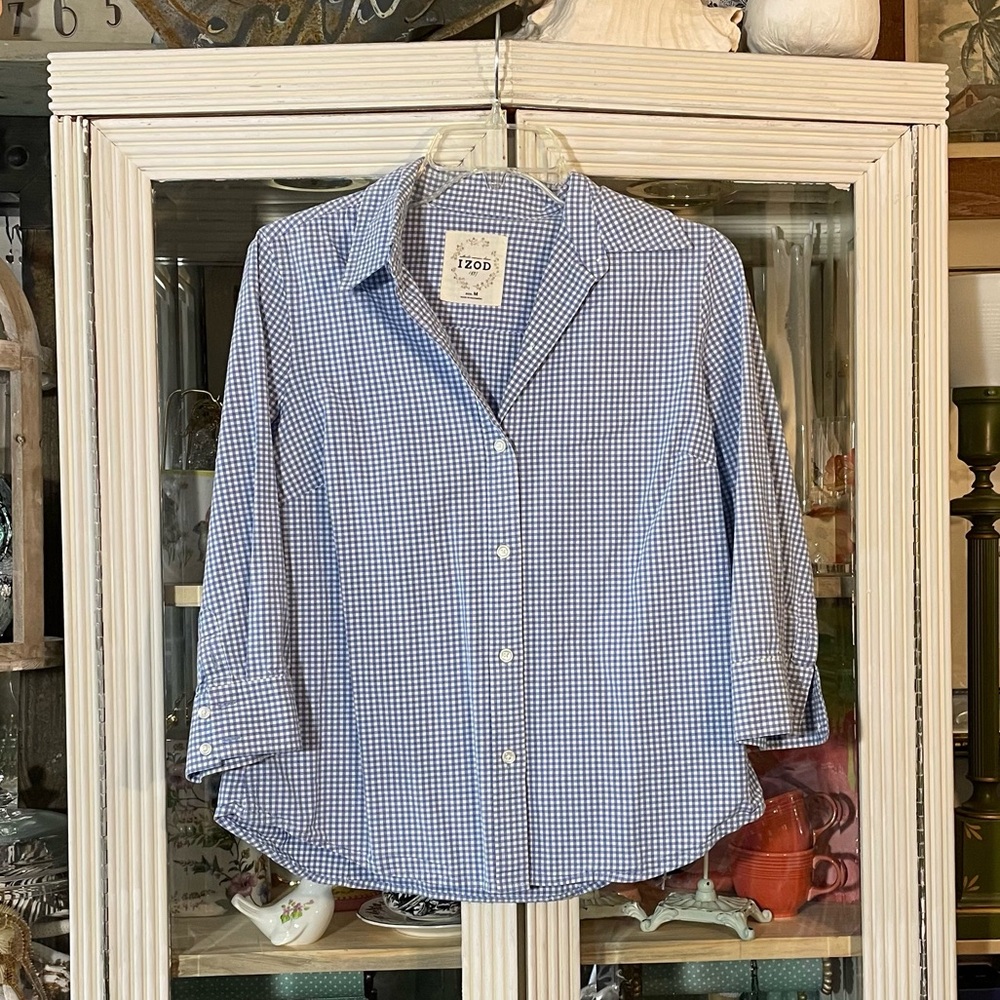 IZOD Blue White Gingham Check Plaid button front blouse Womens M